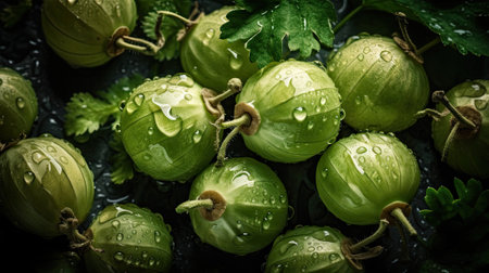 Fresh and green gooseberries with water drops on black background. close upの素材