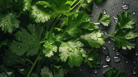 bunch of parsley or cilantro leaves with water drops on black background. top viewの素材