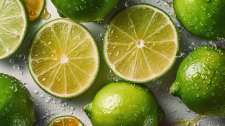 Fresh whole, half and sliced lime background with water drops. close upの素材