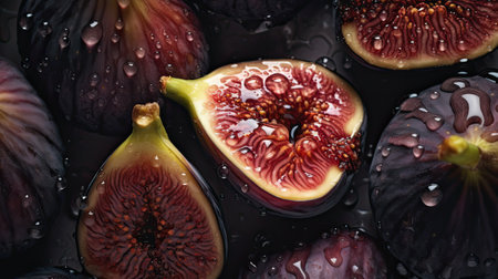 Fresh, juicy ripe fig fruit slices with water drops on black background. close upの素材