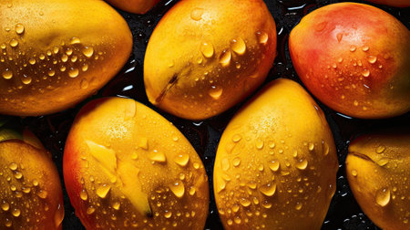 Fresh whole, half and sliced mango background with water drops. close upの素材