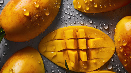 Fresh whole, half and sliced mango background with water drops. close upの素材