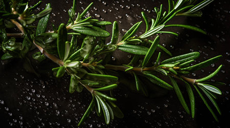Fresh rosemary with water drops on black background. close upの素材