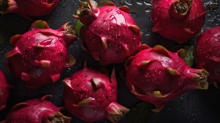 Fresh red-pink dragon fruit or pitaya background with water dropsの素材