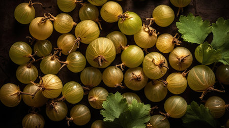 Fresh and green gooseberries with water drops on black background. close upの素材
