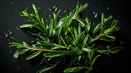 Fresh tarragon with water drops on black background. close upの素材