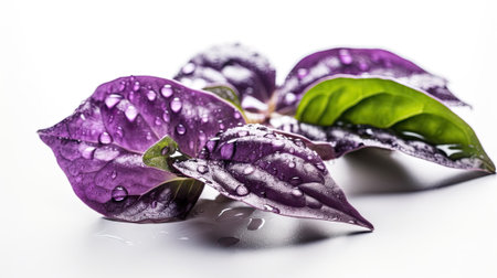 Fresh purple, basil with water drops on white background. close upの素材