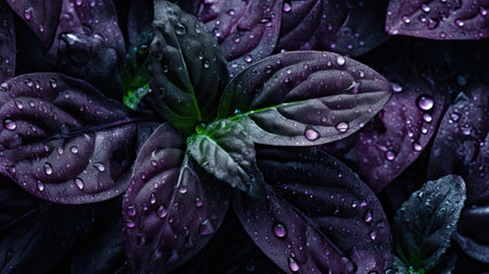 Fresh purple, basil with water drops on black background. close upの素材