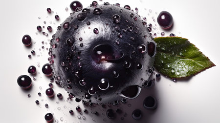 Fresh acai berries with water drops on a white background, top viewの素材