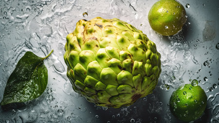 Custard apple or sugar apple with slice and green leaf isolated on white background, exotic tropical Thai annona or cherimoya fruit, healthy foodの素材