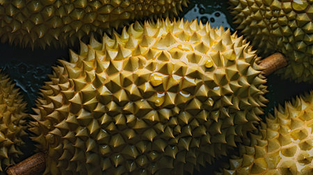 Fresh durian fruit background with water drops. close upの素材