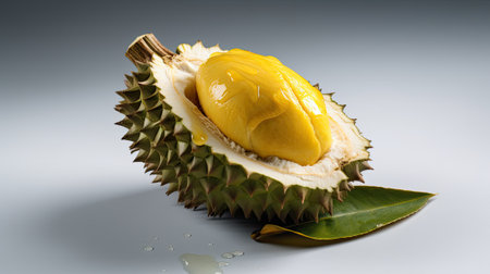 Fresh durian fruit with water drops on white background. close upの素材