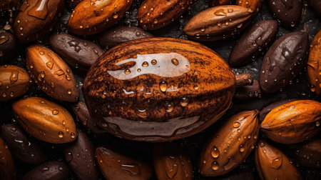 Cocoa pods and cocoa beans chocolate base background with water drops. close upの素材