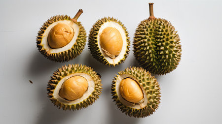 Fresh durian fruit with water drops on white background. close upの素材