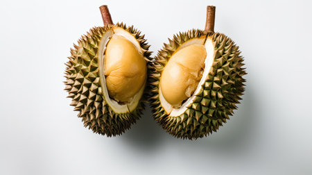 Fresh durian fruit with water drops on white background. close upの素材