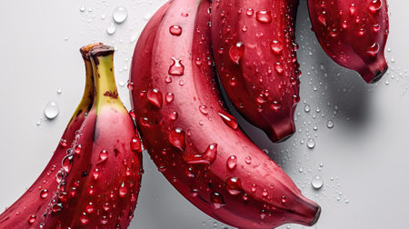 ripe tropical tasty red bananas with water drops on white background. close upの素材