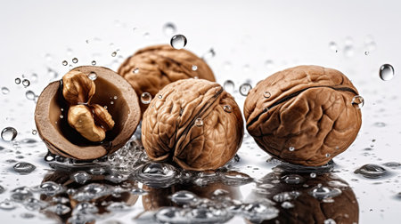 walnut with water drops on white background. close upの素材