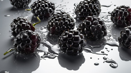 Close up of shiny, freshly picked blackberries on white background with water drops on a white background, top viewの素材