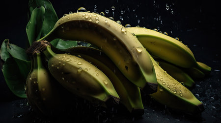 Spotted banana background with water drops on a white background, top viewの素材