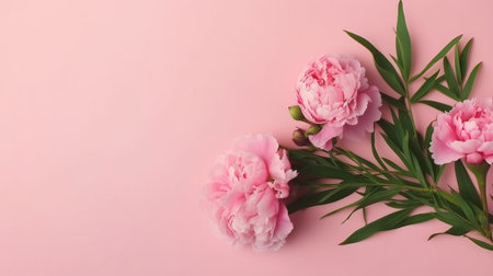 pink peony roses and sprinkles on isolated pastel pink background with blank spaceの素材