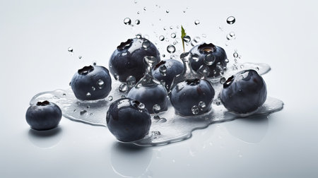 Fresh ripe blueberry on white background with water drops on a white background, top viewの素材