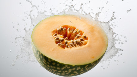 Yellow galia melon piece with water drops on white background. close upの素材