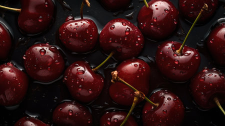 cherry. Fresh organic berries background with water drops on a white background, top viewの素材