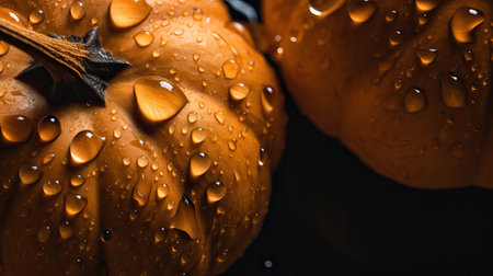 Recently harvested orange pumpkins in a random pile with water drops on black background. close upの素材