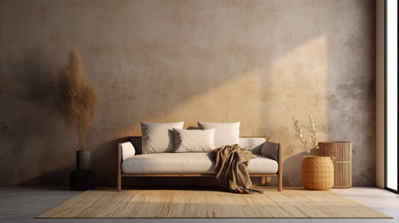 Warm neutral wabi sabi style interior mockup with low sofa, jute rug, ceramic jug, side table and dried grass decoration on empty concrete wall background. 3d renderingの素材