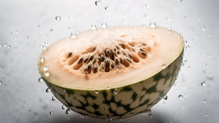 Yellow galia melon piece with water drops on white background. close upの素材