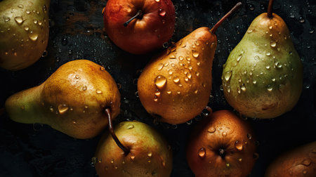 Fresh pear with water drops on black background. close upの素材
