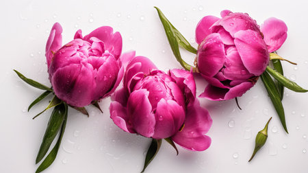 peony flowers on white background top view in flat lay style. Greeting for Womens, Mothers Day, Spring Sale Bannerの素材