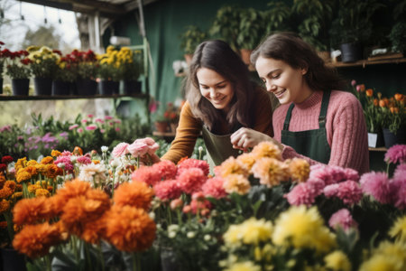 Happy Hispanic woman working in flower garden shopの素材