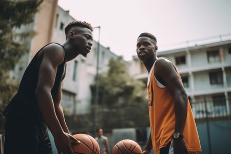 Young African friends playing basketball outdoor , Urban sport lifestyle conceptの素材