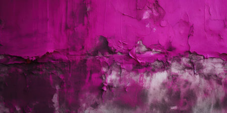 Toned painted old concrete wall with plaster. viva magenta, pink and burgundy vintage texture background with space for design. close up. Rough brush strokes. Grungy, grainy, uneven surface. Emptyの素材