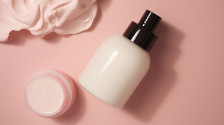 white and blank, unbranded cosmetic cream jar or tubes on pastel Light pink background. Skincare product presentation. elegant mockup. Skincare, beauty and spa. Banner with copy spaceの素材