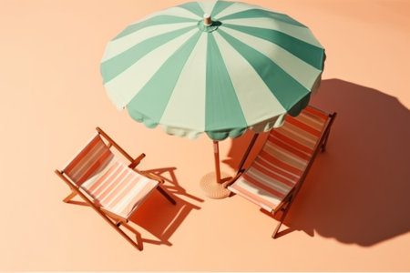 beach chair with umbrella on pink backgroundの素材