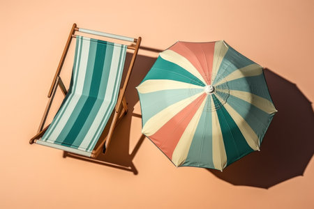 beach chair with umbrella on pink backgroundの素材