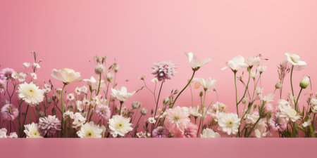multicolored and white flowers on a pink background. copyspace. Minimal style concept. Creative lifestyle, summer, spring concept. Copy space, flat lay, top view.の素材