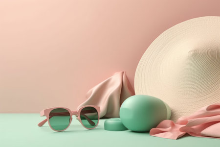 Summer flat lay with straw hat and Sunglasses. Green pink background. Vacation, holiday, summer creative minimal conceptの素材