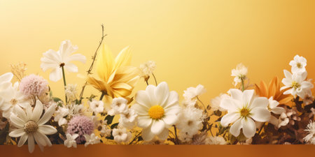 White flowers on a yellow background. copyspace. Minimal style concept. Creative lifestyle, summer, spring concept. Copy space, flat lay, top view.の素材