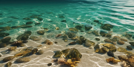 Abstract beautiful sandy beaches background with crystal clear waters of the sea and the lagoon. Soft blue ocean wave or clear sea on clean sandy beach summer conceptの素材