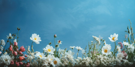 White flowers on a blue background. copyspace. Minimal style concept. Creative lifestyle, summer, spring concept. Copy space, flat lay, top view.の素材