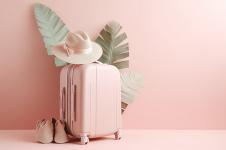 Suitcase with hat on pastel pink background minimal creative vacation holidays trip plane map pin. travel conceptの素材