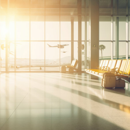 Travel departure, airport with luggage suitcases and airplane in the background, for tourism and marketing purposesの素材