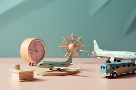 airplane model pastel blue background minimal creative vacation holidays trip plane map pin. travel conceptの素材