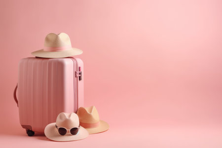 Suitcase with hat on pastel pink background minimal creative vacation holidays trip plane map pin. travel conceptの素材