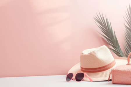 Suitcase with hat and sunglasses on pastel pink background minimal creative vacation holidays trip plane map pin. travel conceptの素材