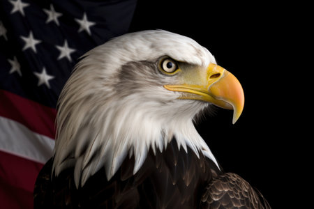 Illustration of an American bald eagle in front of USA's flag. The bald eagle is the emblem of the nation with its' fierce beauty and proud independence symbolizes the strength and freedom of Americaの素材