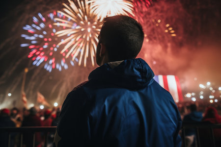 4th of july American Independence Day, a man wrapped in a usa flag, watching on celebration with fireworksの素材